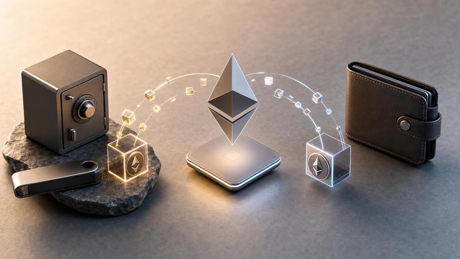 ETH exchange workflow showing a software wallet, a hardware wallet, network verification, transaction signing, and receipt of the selected asset